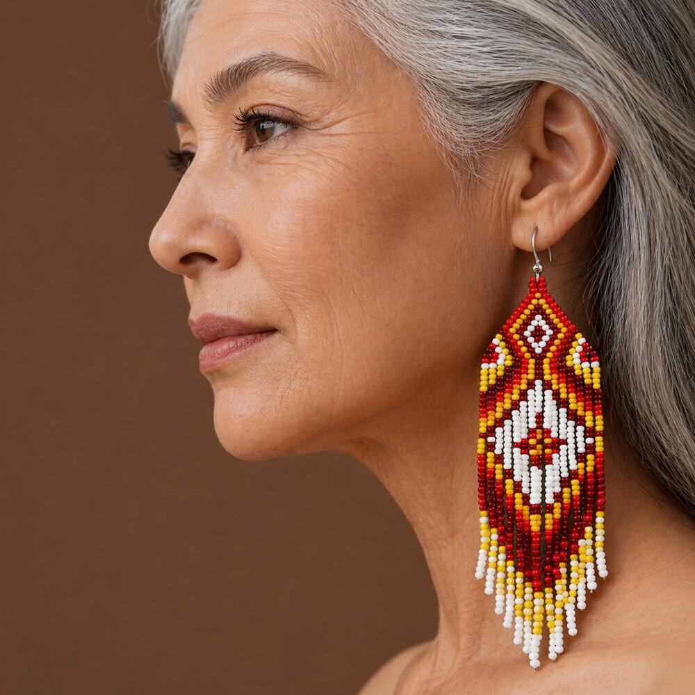 Boho Style Handcrafted Beaded Earrings Retro Geometric Design Earth Tones